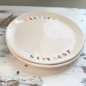 Hand stamped Happy Birthday 5.75" plate by Amy Wright, Bumblebee Ceramics.